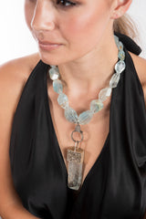 Aqua Marine Shard Capped in Raw Diamonds & Nugget Necklace-Necklaces-Gretchen Ventura