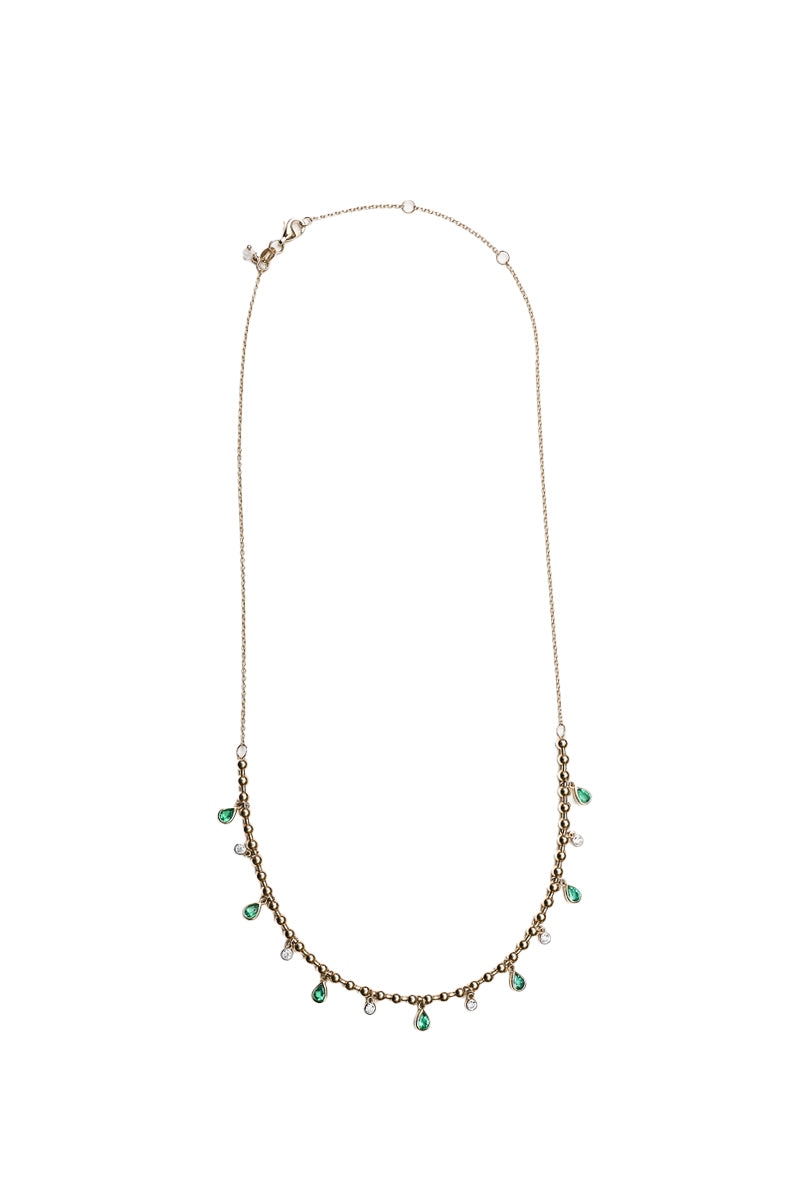 Gold Ball Chain necklace w/Diamond & Emerald Drops