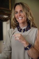 Hand Carved Lotus Lapis Lazuli & Tibetan Gold Leaf Wood Bead Bracelet-Bracelets-Gretchen Ventura