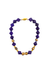 Hand Carved Lotus Lapis Lazuli & Tibetan Gold Leaf Wood Bead Silk Knotted Necklace 1-Necklaces-Gretchen Ventura