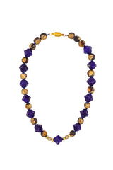 Hand Carved Lotus Lapis Lazuli & Tibetan Gold Leaf Wood Bead Silk Knotted Necklace 3-Necklaces-Gretchen Ventura