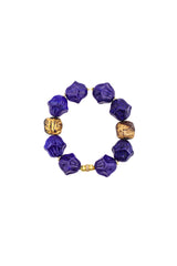 Hand Carved Lotus Lapis Lazuli & Tibetan Gold Leaf Wood Bead Bracelet-Bracelets-Gretchen Ventura
