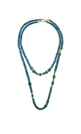 Faceted Blue London Topaz & Hand Carved Emerald Necklace 20"-Necklaces-Gretchen Ventura