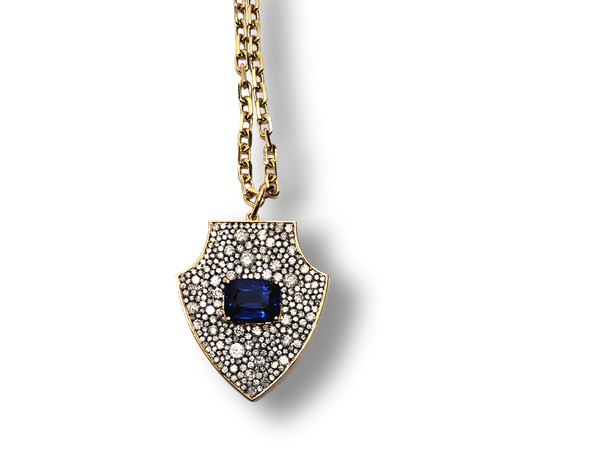 Sapphire (3.3c) Diamond (3.05c) 18K Gold (5.43g) Shield Pendant #7284-Neck Pendant-Gretchen Ventura