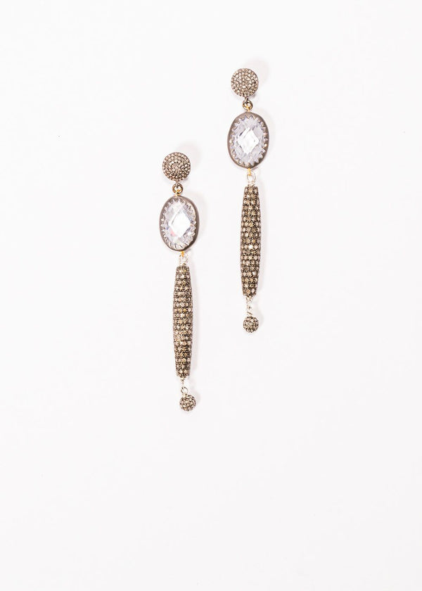 Pave Diamond Posts & Drops w/ Faceted Quartz Crystal Earrings (3") #3432-Earrings-Gretchen Ventura