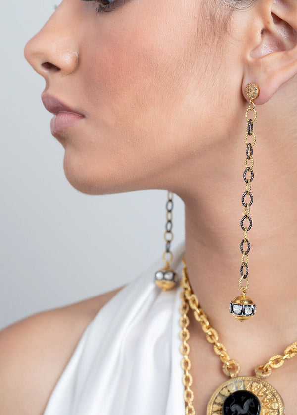 22K Gold & Rose Cut Bead w/ Gold Plate & Sterling Link Chain Earrings on Diamond Posts #3442-Earrings-Gretchen Ventura