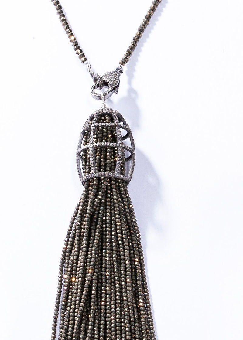 Faceted Pyrite, Diamond & Sterling Cage Tassel w/ Faceted Pyrite Necklace #9452-Necklaces-Gretchen Ventura