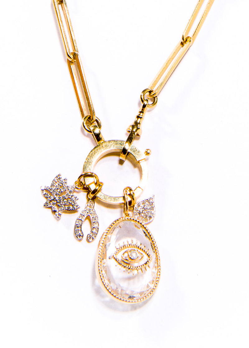 14K Gold Brilliant Diamond (.1C) & Faceted Quartz Crystal Evil Eye Pendant Small (1") #7291-Neck Pendant-Gretchen Ventura