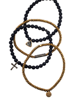 Medium Faceted Onyx Bead W/ Gold Plate over Sterling Silver Diamond Cross Charm Bracelet #4235-Men's-Gretchen Ventura