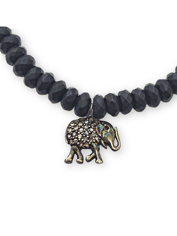 Medium Faceted Onyx Bead W/ SS Diamond Elephant Charm Bracelet #4237-Men's-Gretchen Ventura