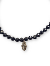 Small Faceted Black Spinel & SS Diamond Hamsa Charm Bracelet #4239-Men's-Gretchen Ventura