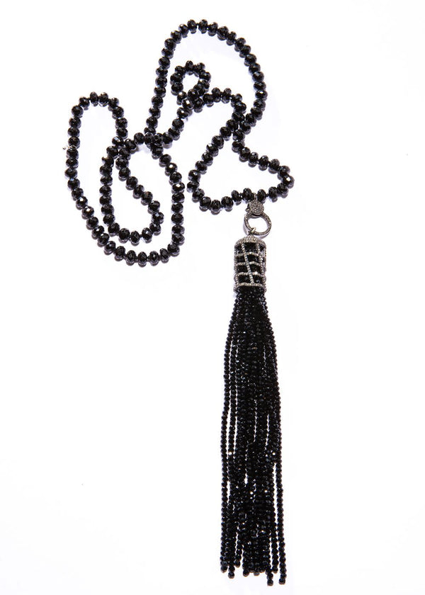 Emerald Cut Onyx in Blackened Sterling Silver Necklace w/ Diamond Lobster Claw Clasp & Pave Diamond Cage w/ Black Spinel Tassel (25"+7") #1885-Necklaces-Gretchen Ventura