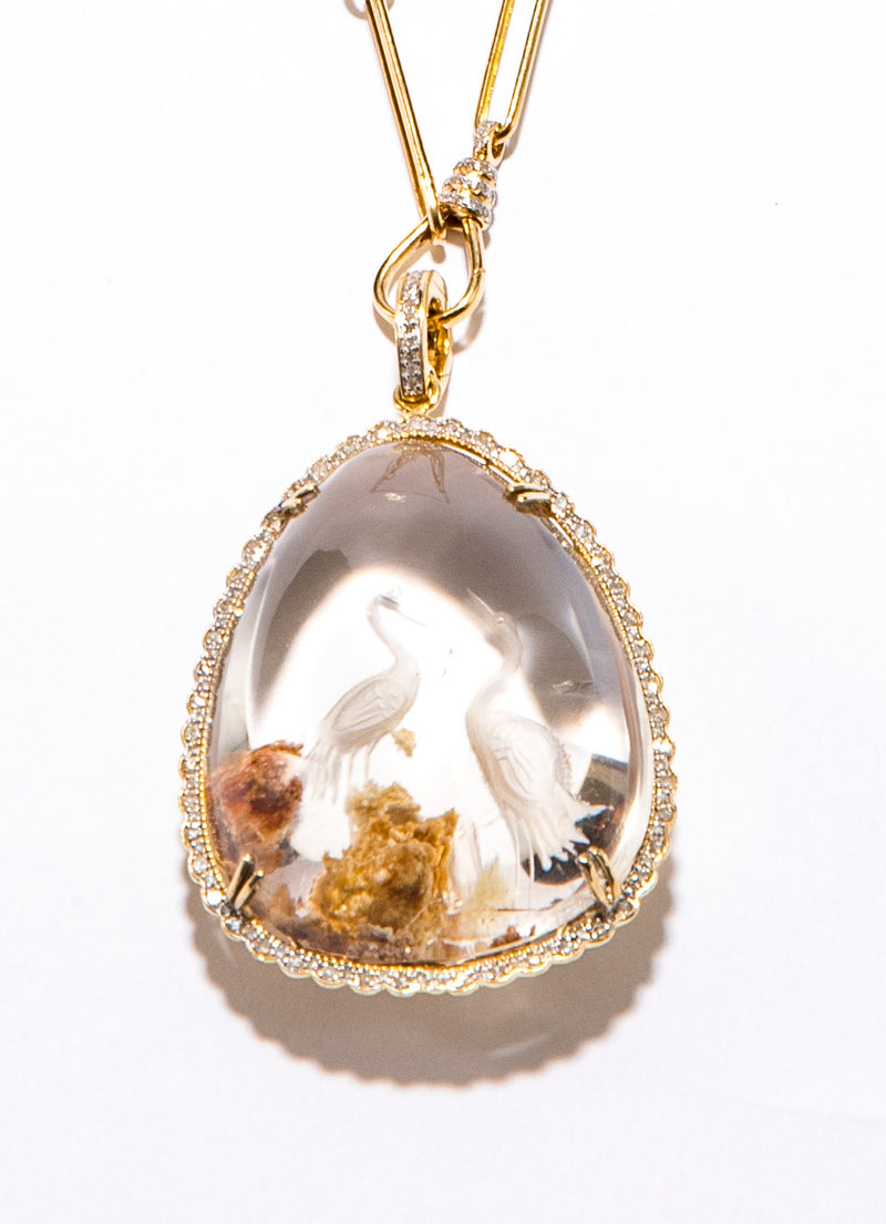Diamond (.89 C) & 14K Gold (8.3 g) Encrusted Quartz Crystal (210 C) Intaglio Cranes Standing on a Tree Pendant w/ Diamond Clasp #9663-Neck Pendant-Gretchen Ventura