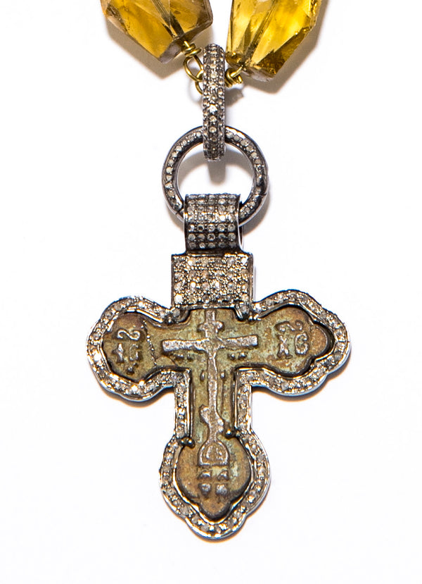 Christian Orthodox Copper Cross Circa 1680, w/ Oxidized Sterling & Diamonds (1.43 C) (1.8"x 1.5") #7331-Neck Pendant-Gretchen Ventura