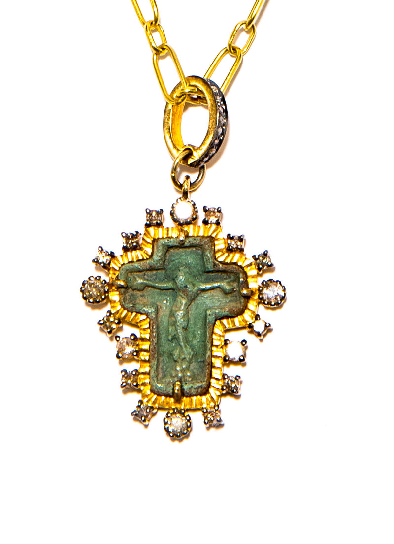 Very Rare Ancient Kiev Orthodox Crucifix Circa 1380-1420 Novgorod Bronze Sand Cast 18 Double Cut Diamonds (1.71C) (1.5"x 1") #7319-Neck Pendant-Gretchen Ventura