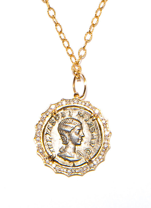 Very Rare Roman Coin Julia Soemias 220-222 C.E. Silver, Diamond (.38c),& Gold. Reverse: Venus Holding Apple and Scepter Pendant #7326-Neck Pendant-Gretchen Ventura