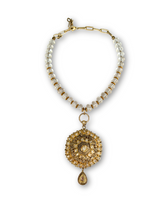 Hand Carved Quartz Crystal & 20K Gold Discs & 14K Link Chain Necklace #9503-Necklaces-Gretchen Ventura