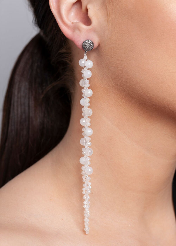 Faceted Moon Stone Macramé Earrings on Rose Cut Diamond Post (5.5" or 5") #3377-Earrings-Gretchen Ventura