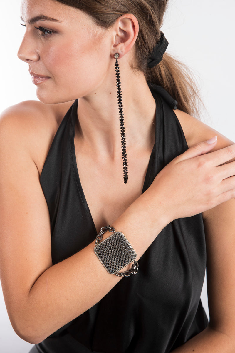 Black Spinel & Pave Diamond Plate on Rhodium Plated Sterling Silver Chain w/ Black Spinel Lobster Claw Clasp Bracelet #2911-Bracelets-Gretchen Ventura