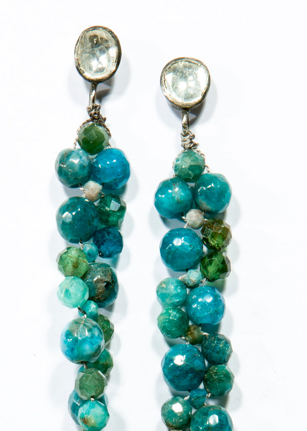 Faceted Apatite Macramé earrings w/ Rose cut & Diamond Posts 5" #3549-Earrings-Gretchen Ventura