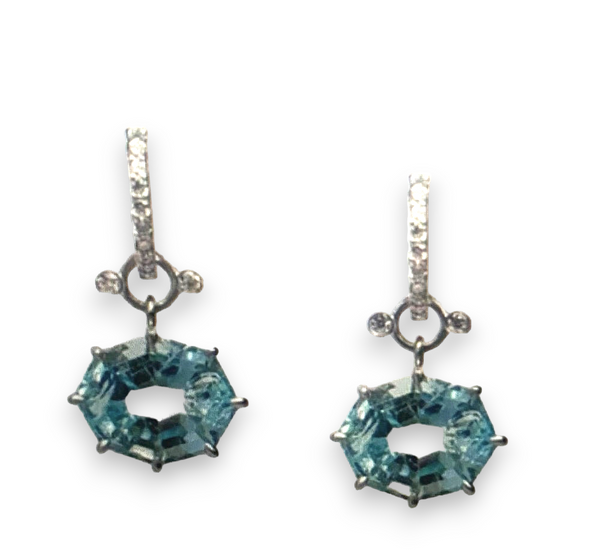 18K White Gold (1.87g) & Brilliant cut Diamond (0.06 ct.) & Aquamarine (9.48 ct.) Hexagon Drops #3529-Earrings-Gretchen Ventura