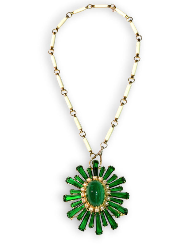 Vintage Emerald Green Crystal, Emerald Resin & Pearls Pendant/Brooch-Neck Pendant-Gretchen Ventura