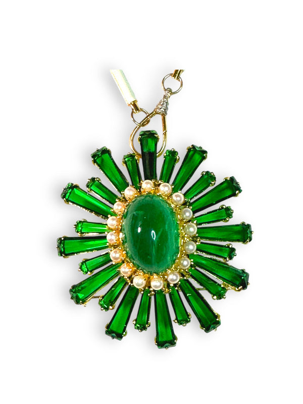 Vintage Emerald Green Crystal, Emerald Resin & Pearls Pendant/Brooch-Neck Pendant-Gretchen Ventura