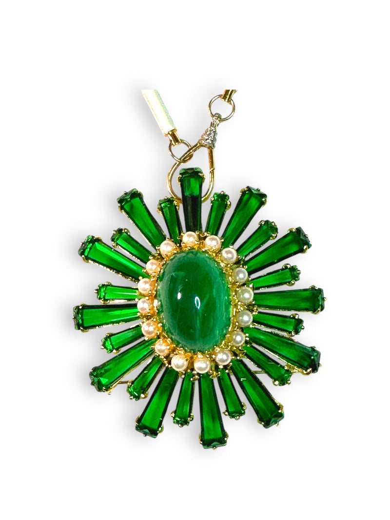 Vintage Emerald Green Crystal, Emerald Resin & Pearls Pendant/Brooch-Neck Pendant-Gretchen Ventura
