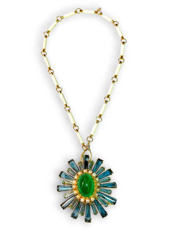 Vintage Topaz Crystal, Emerald Resin & Pearls Pendant/Brooch-Neck Pendant-Gretchen Ventura