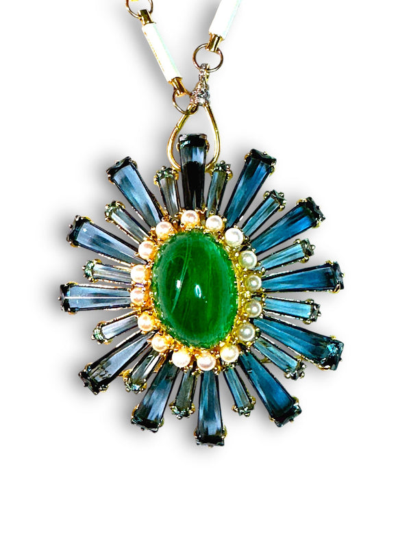 Vintage Topaz Crystal, Emerald Resin & Pearls Pendant/Brooch-Neck Pendant-Gretchen Ventura