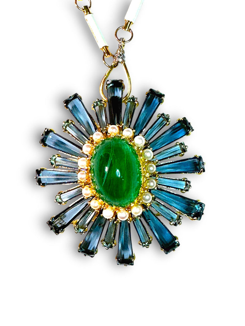 Vintage Topaz Crystal, Emerald Resin & Pearls Pendant/Brooch-Neck Pendant-Gretchen Ventura