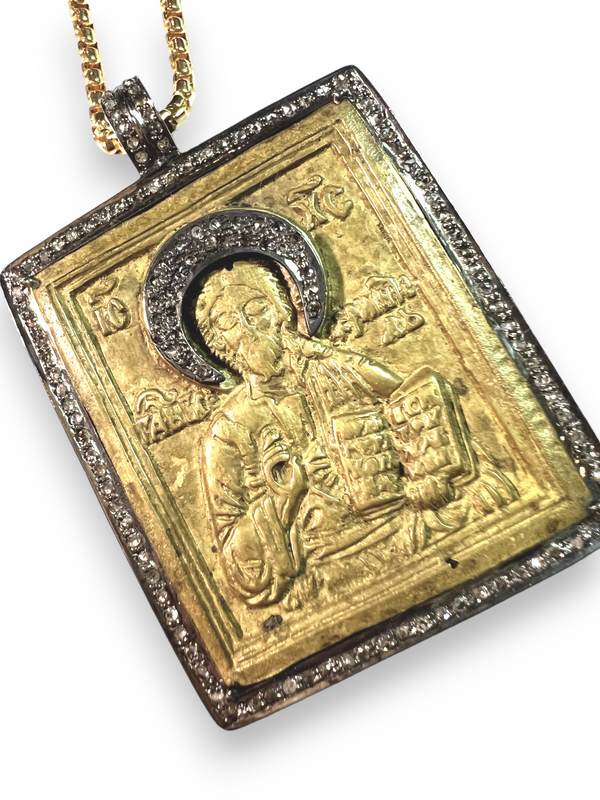 Central Part of the Slavic Orthodox TRAVEL Icon Circa 1740-1780, Cast Brass & Copper in Novgorod Monastery "Christ The Teacher" #7333-Neck Pendant-Gretchen Ventura