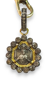 Antique French Catholic (Sacred Heart) Circa 1890-1910, Cast Bronze, Diamonds (0.88 C) (1.25"x 0.75") #7335-Neck Pendant-Gretchen Ventura