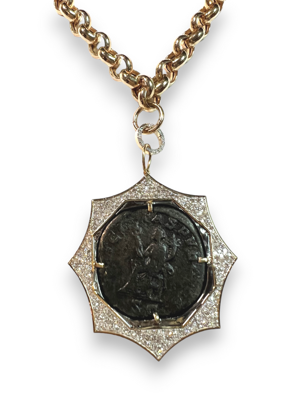 Rare Ancient Coin circa 178-180 A.D. Bronze (20.5g), Salus (Goddess of Safety & Well Being Sitted & Feeding Coiled Snake, Reverse, Crispina from the Roman Empire in 14K Gold & Diamonds #7344-Neck Pendant-Gretchen Ventura