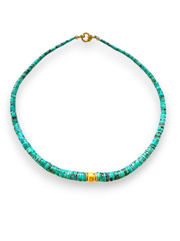 Rare Nevada Dry Creek Turquoise W/ 20K Vintage Beads 18K Diamond Wheels & GP Diamond Clasp Necklace #9591-Necklaces-Gretchen Ventura