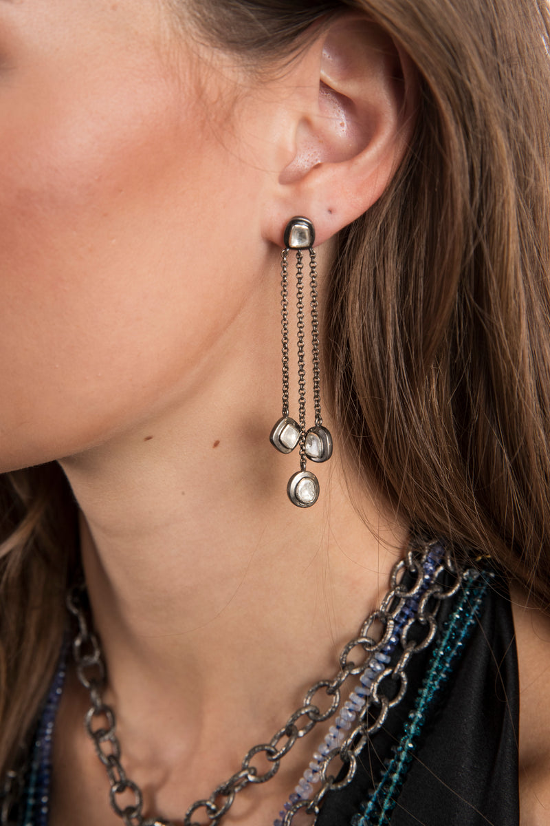 Rose Cut Diamond (1.51C) Sterling Silver (12.3g) Triple Drop Earrings #3547-Earrings-Gretchen Ventura