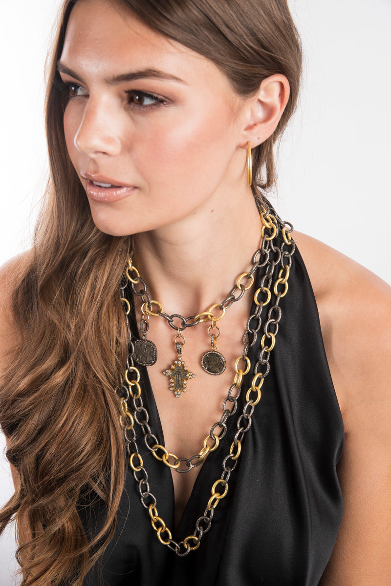 Handmade Hand Hammered Rhodium Plated Sterling (39.4g) & 20K Gold (14.1g) Necklaces (15”) #9632-Necklaces-Gretchen Ventura