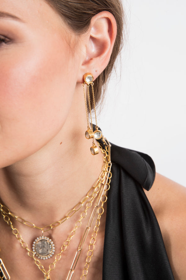 Rose Cut Diamond (2.4C) and 24K Gold Front 22K Gold Back(6.254g) Triple Drop Earrings #3539-Earrings-Gretchen Ventura