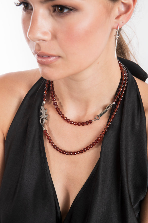 Faceted Hessonite Garnet Beads w/ Diamond Panther Clasp & Diamond Lobster Claw Clasp (36") #9314-Necklaces-Gretchen Ventura