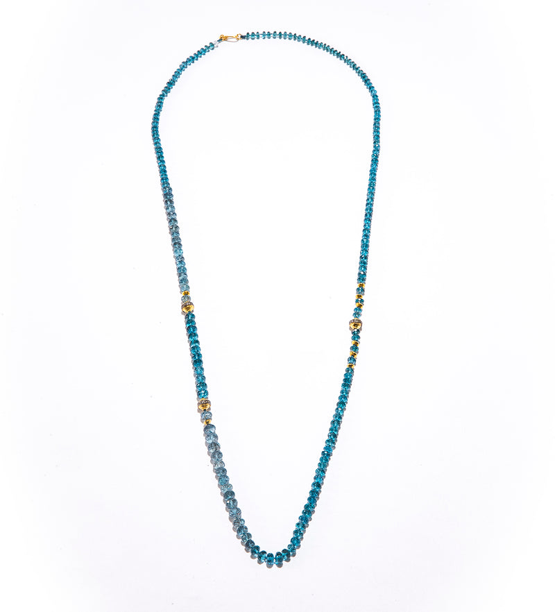 Faceted Topaz, Aquamarine, and Deep Aquamarine, 14K Gold & Diamond Beads, & 18K Gold Saucers w/Hand Knotted Silk Thread & 18K Gold Clasp #9674-Necklaces-Gretchen Ventura
