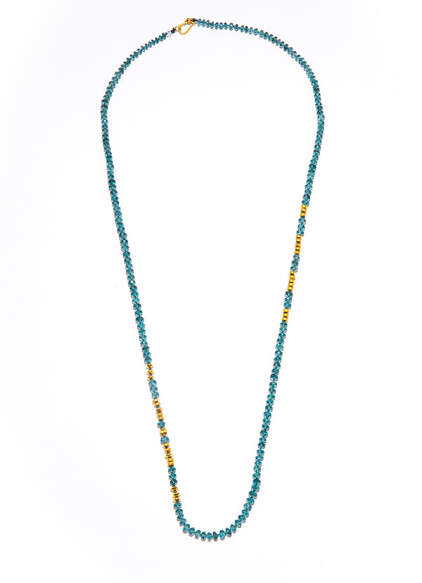Faceted Deep Aquamarine, 18K Gold Beads & Saucers w/Hand Knotted Silk Thread & 18K Gold Clasp 28" #9675-Necklaces-Gretchen Ventura