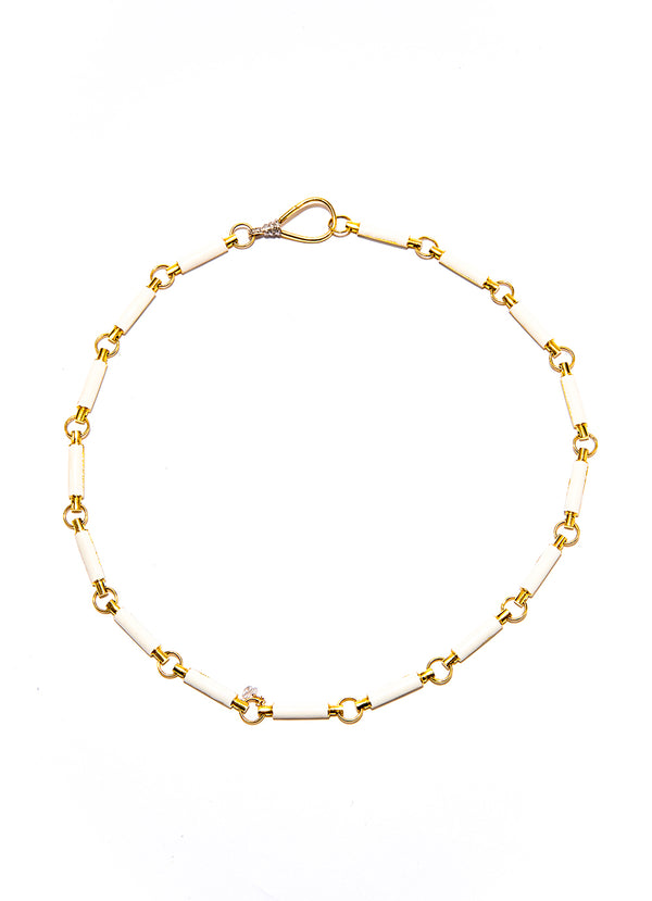 18K Gold & White Enamel W/ Diamond (.14c) Lobster Claw Clasp Chain (16” + 1”) #9648-Necklaces-Gretchen Ventura
