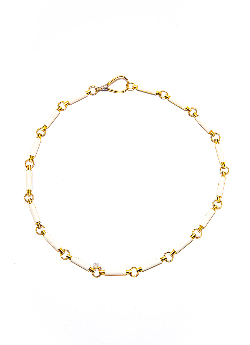 18K Gold & White Enamel W/ Diamond (.14c) Lobster Claw Clasp Chain (16” + 1”) #9648-Necklaces-Gretchen Ventura