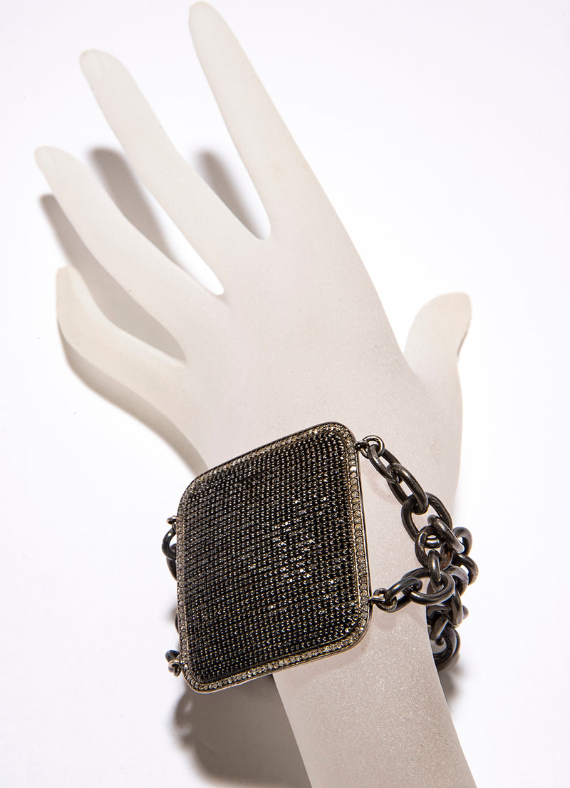 Black Spinel & Pave Diamond Plate on Rhodium Plated Sterling Silver Chain w/ Black Spinel Lobster Claw Clasp Bracelet #2911-Bracelets-Gretchen Ventura