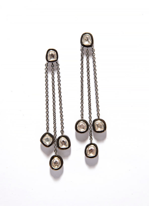 Rose Cut Diamond (1.51C) Sterling Silver (12.3g) Triple Drop Earrings #3547-Earrings-Gretchen Ventura