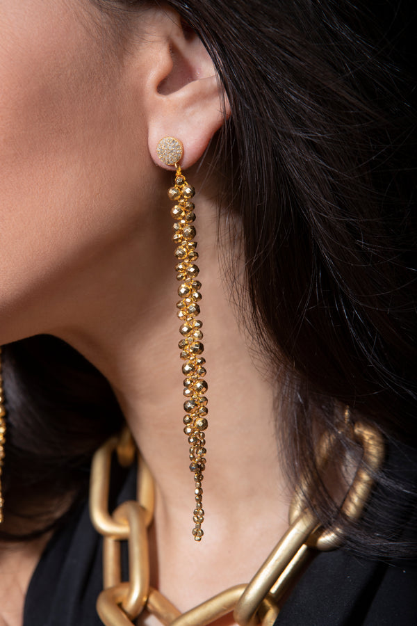 Gold Plated Pyrite Drop earrings on GP Pave Diamond Post Earrings (5") #3405-Earrings-Gretchen Ventura