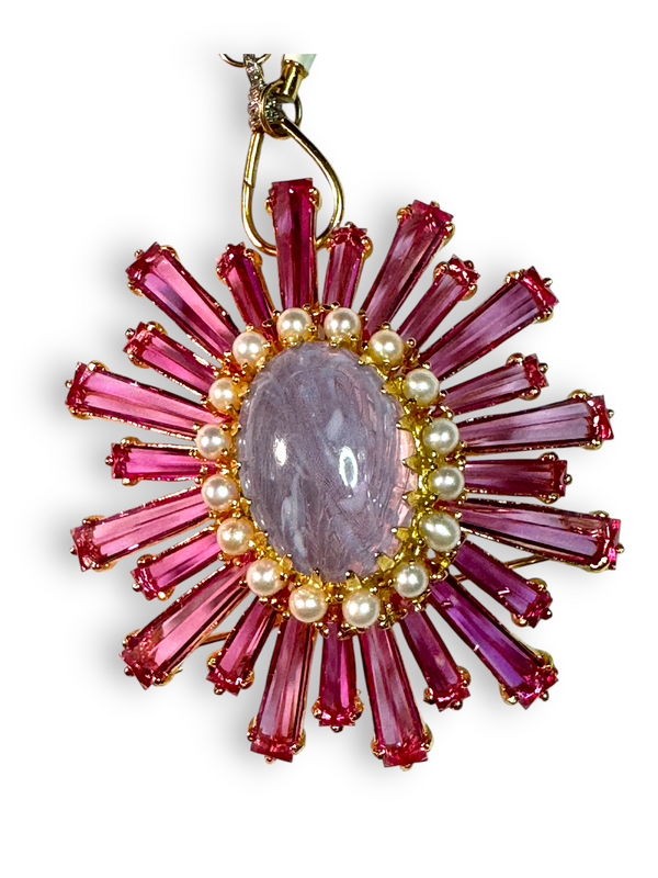 Vintage Fuchsia Crystal & Amethyst Resin & Pearls Pendant/Brooch-Neck Pendant-Gretchen Ventura