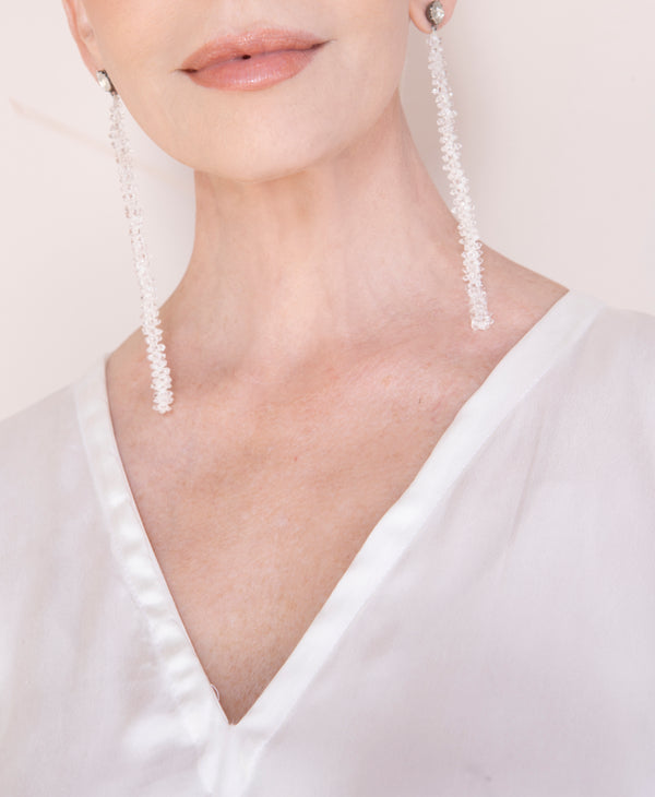 Herkimer Diamond & Faceted Moonstone Macramé Earring on Rose cut Diamond Posts (5") #3461-Earrings-Gretchen Ventura