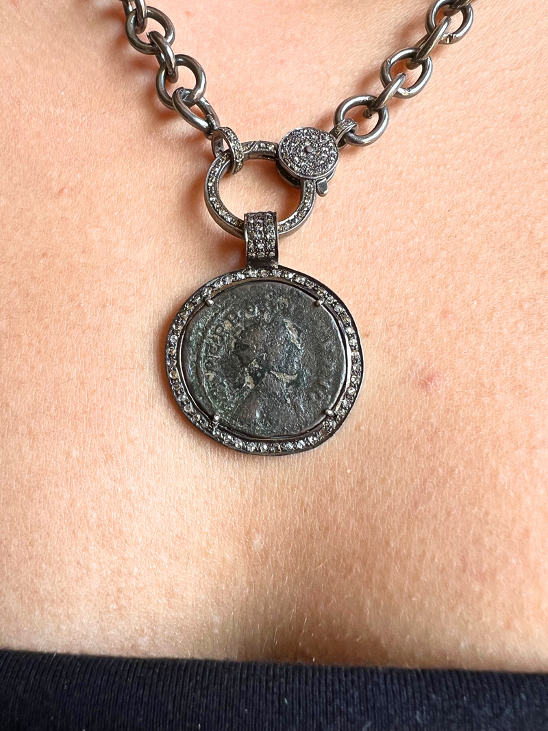 Very Rare Ancient Roman Basil The Great, Byzantine Ruler c. 1-2nd AD Sterling Coin W/ 59 Diamonds (.65C) #7323-Neck Pendant-Gretchen Ventura