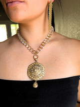 Hand Carved Quartz Crystal & 20K Gold Discs & 14K Link Chain Necklace #9503-Necklaces-Gretchen Ventura